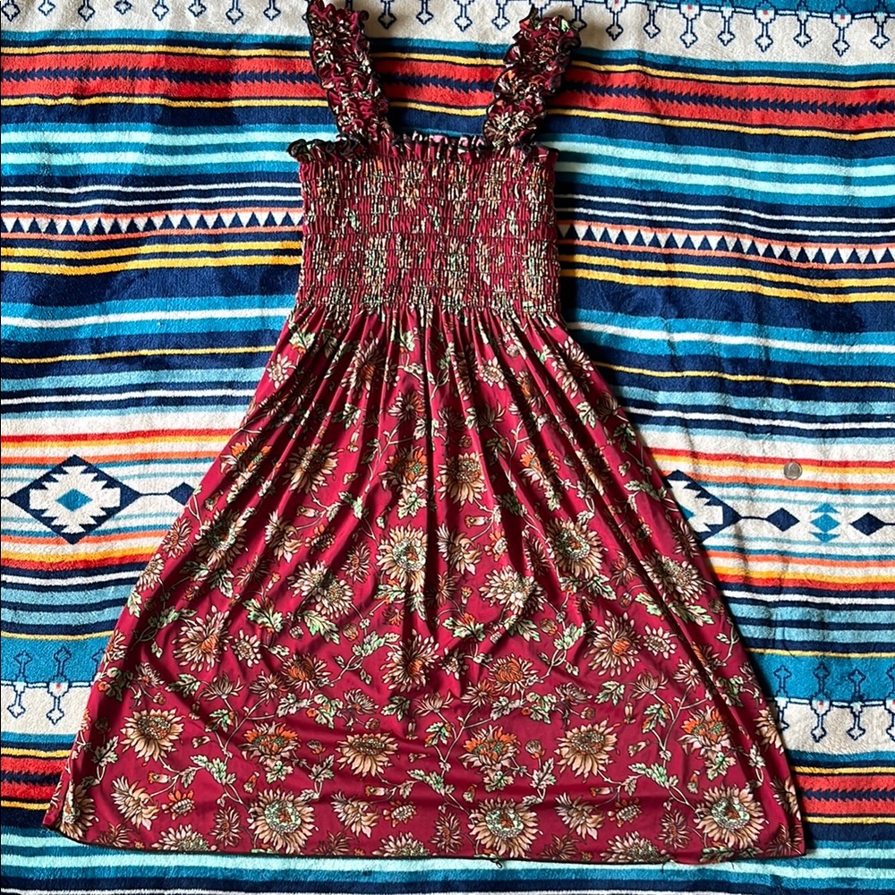 Red Girls’ Smocked Sundress with Square Neck